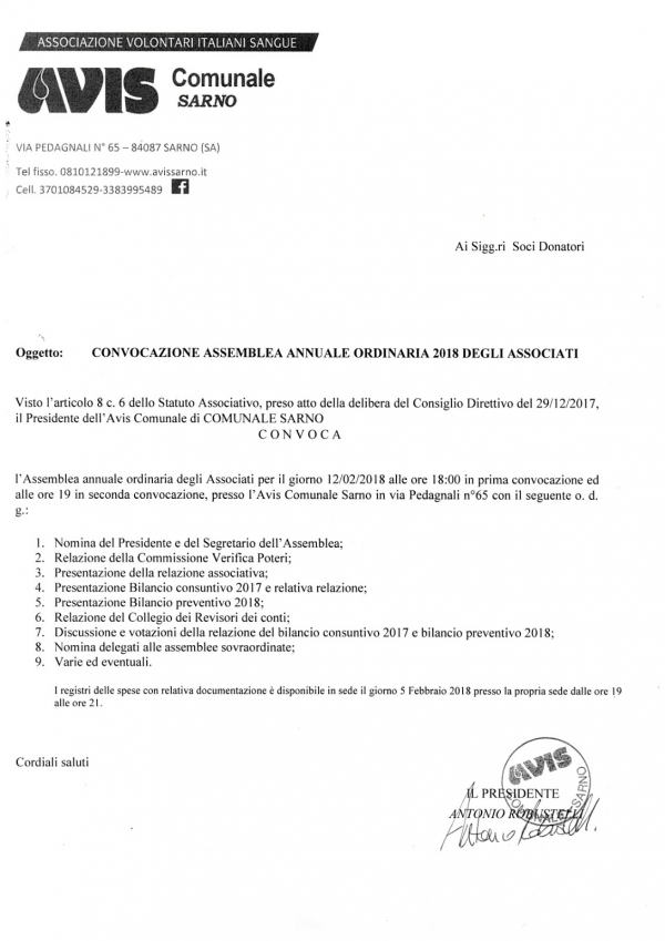 Convocazione assemblea annuale ordinaria 2018 degli associati